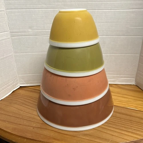 Vtg 1960's - 4 pc. Pyrex AMERICANA Fall Colored - Banded Nesting Bowl Set