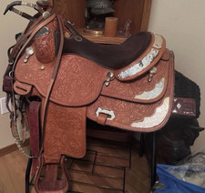 Brown Tooled Leather Western Show Saddle with Silver Accents