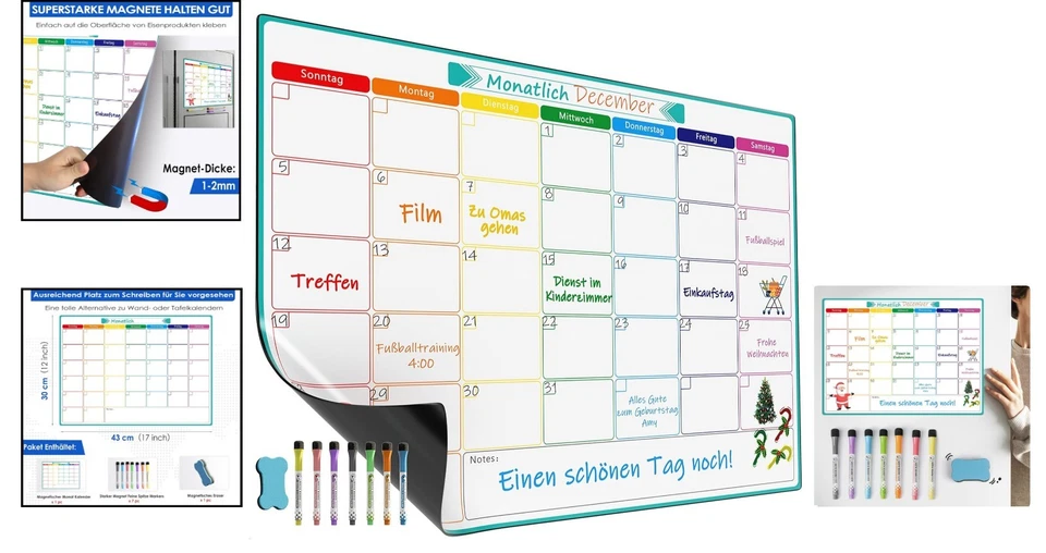 A3 Magnetischer Monats-Wochenplaner Whiteboard Nass trocken abwischbar bunt - Bild 2 von 4