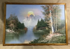 R. Thomas Original Oil Painting Mountain Cabin Waterfall Landscape 28x40