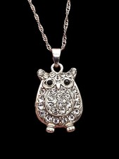 19" Necklace Silver-Tone Owl Pendant With Rhinestones