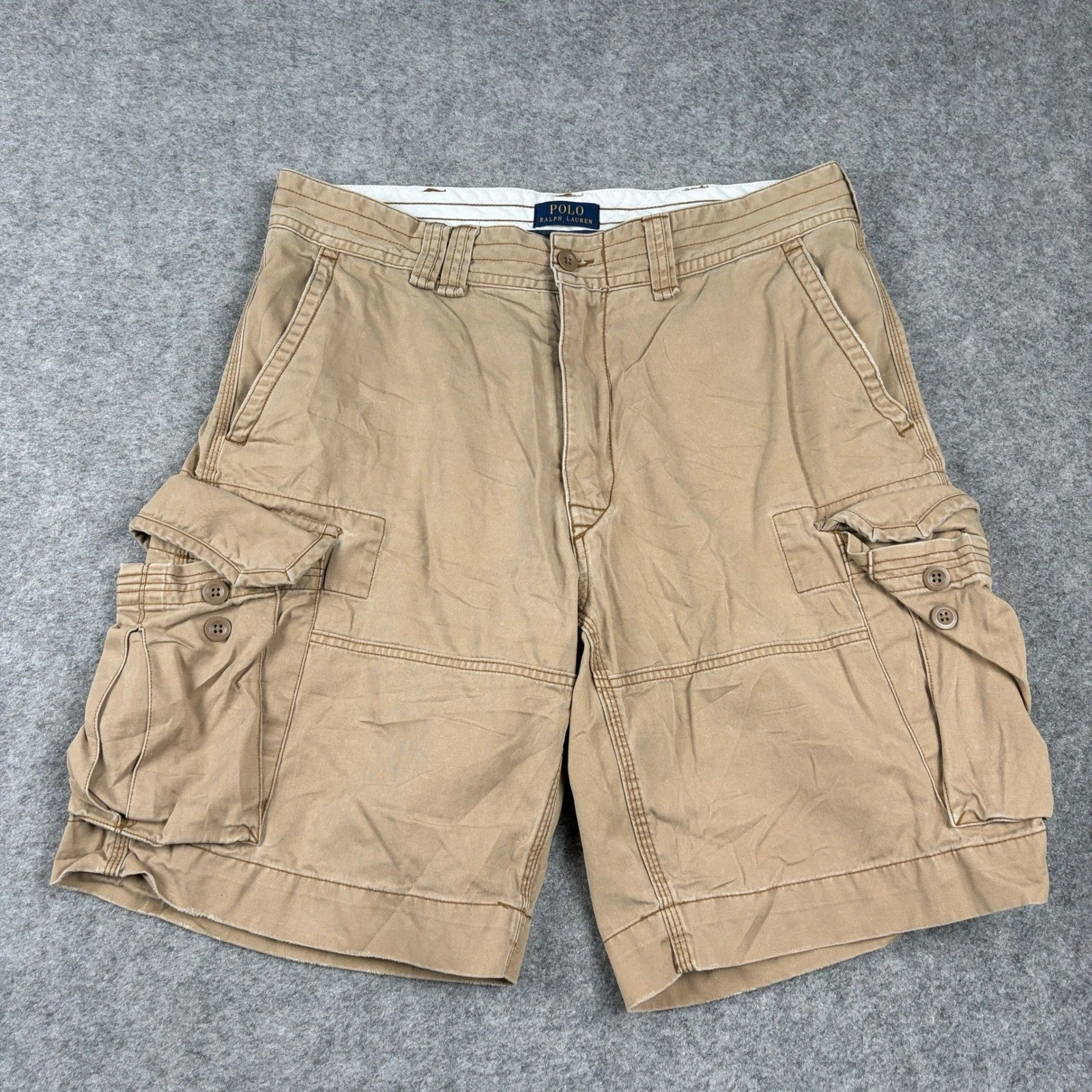 Polo Ralph Lauren Cargo Shorts Mens 35 Khaki Tan Cotton Utility Y2K Outdoors 00s
