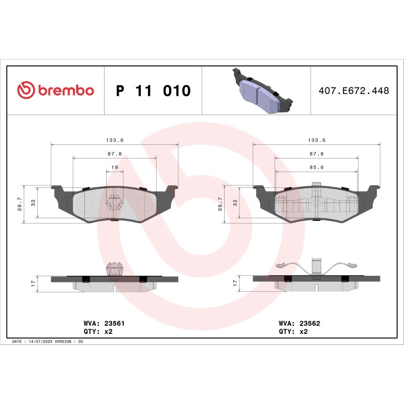 BREMBO P 11 010 Brake Pads Set Rear for Neon Stratus Voyager Sebring Caravan Cir