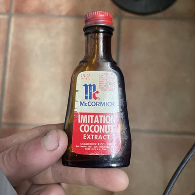 Vin 1970s Glass McCormick Imitation Coconut Extract 1 Oz Bottle Metal Lid Empty