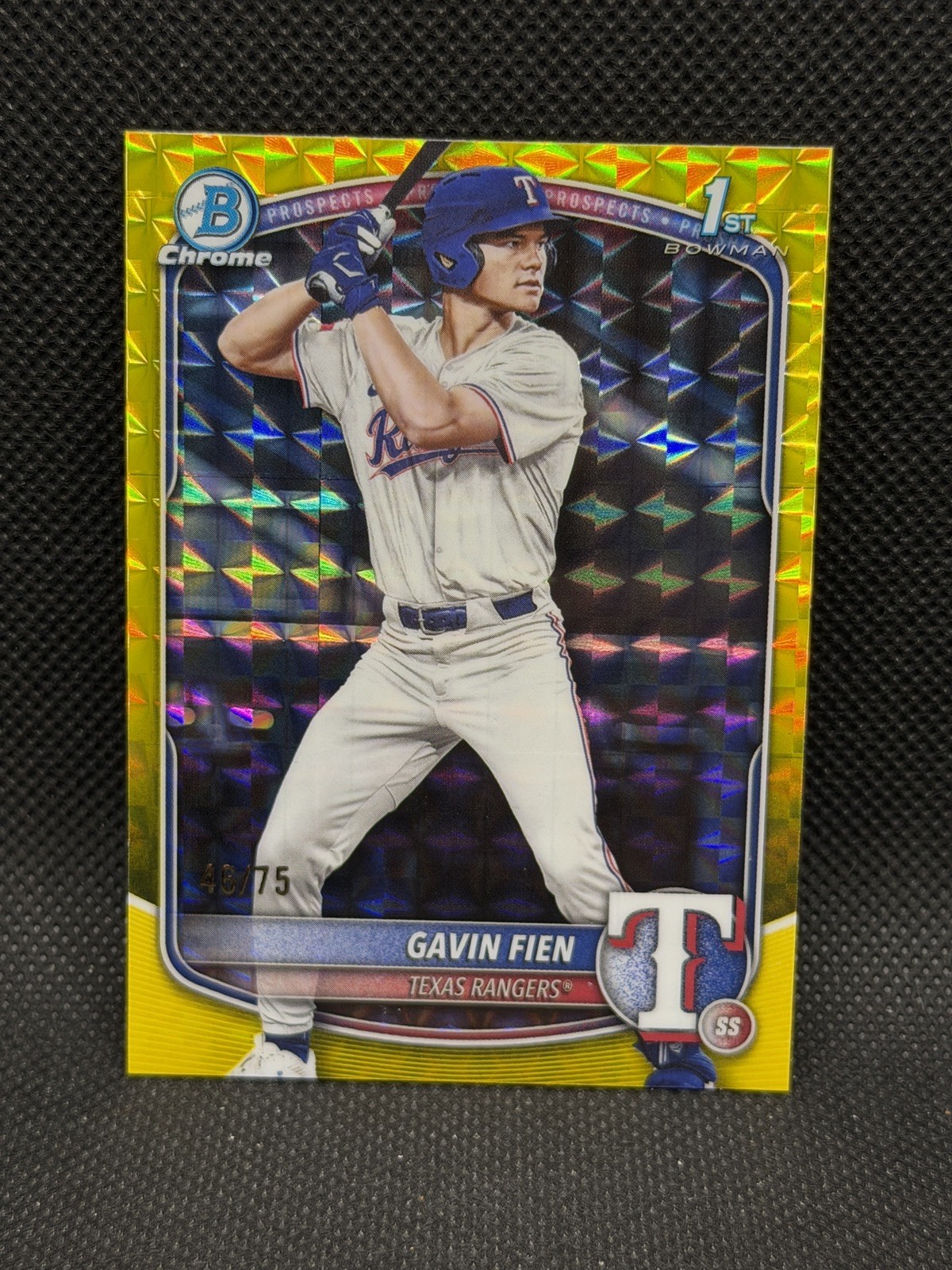 2025 Bowman Draft Gavin Fien Chrome Yellow Geometric Refractor 1st #/75 Rangers