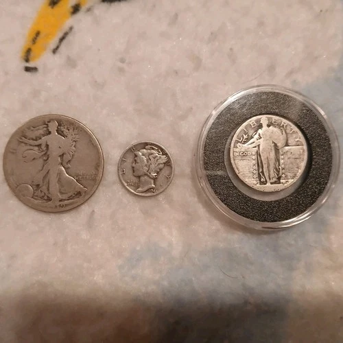 Walking Liberty Half Dollar, Standing Liberty Quarter, Mercury Dime Lot of 3