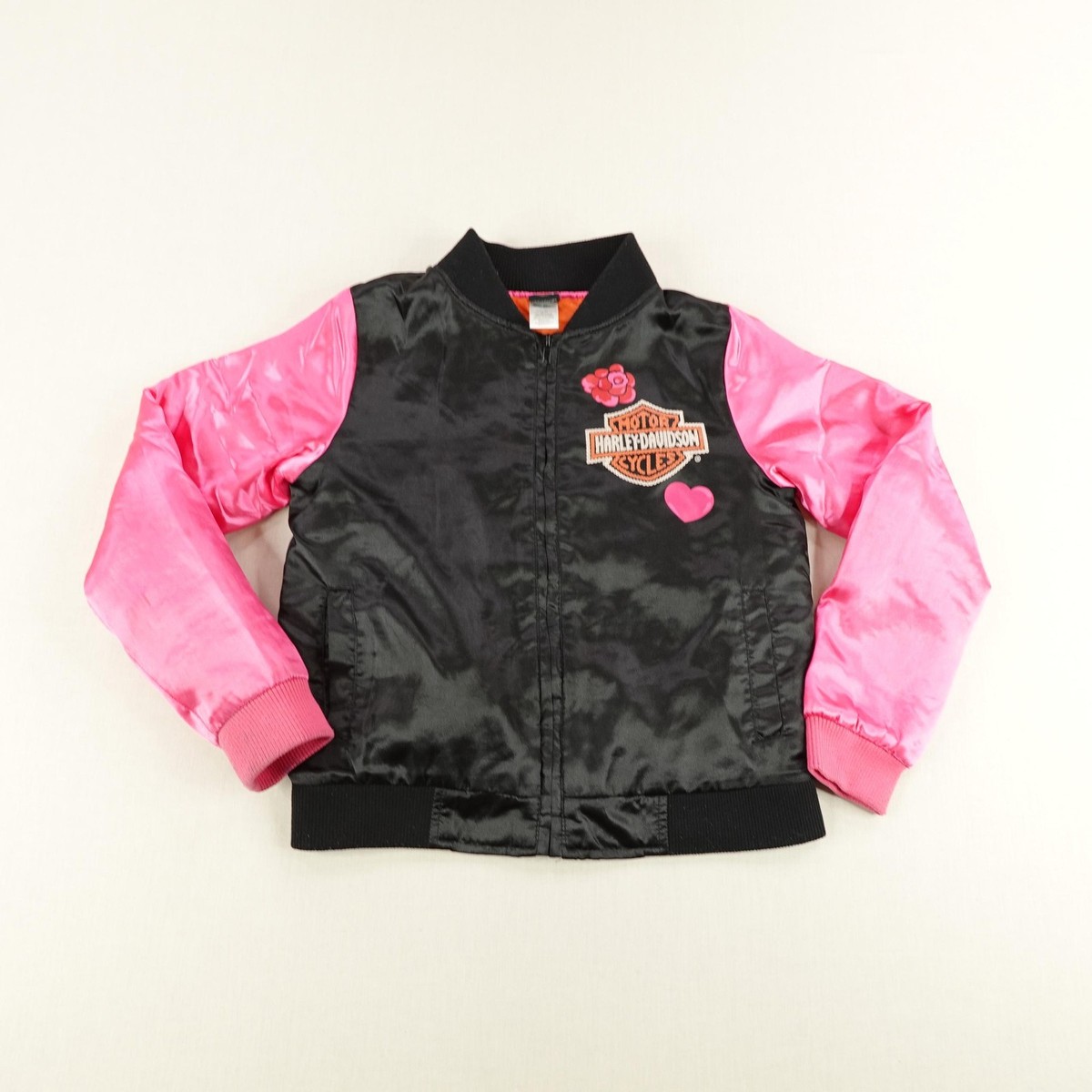 Harley Davidson Jacket Girls 10/12 Black Pink Satin Bomber