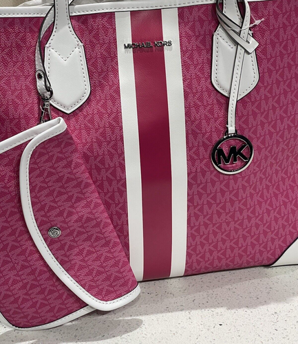MICHAEL KORS EVA LARGE TOTE SHOULDER BAG POUCH MK DRAGONFRUIT PINK LOGO STRIPE - Picture 5 of 14