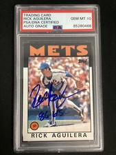 Rick Aguilera Signed 1986 Topps #599 Baseball Card 86 WSC Inscr Mets Auto PSA 10