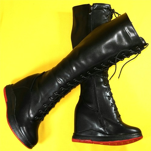 Thigh High Fashion Sneakers Women's Lace Up Leather Wedge High Heels Snow Boots - Picture 18 of 47