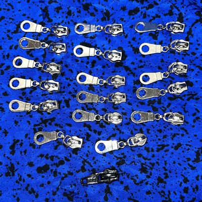 18 NEW metal zipper pulls: 17 unbranded silver-tone (~1 3/8''), 1black YKK (~1 1/