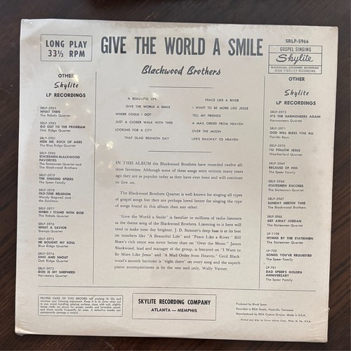 Blackwood Brothers Give the World a Smile (1959, Skylite SRLP-5966) Sealed Vinyl - Picture 7 of 7