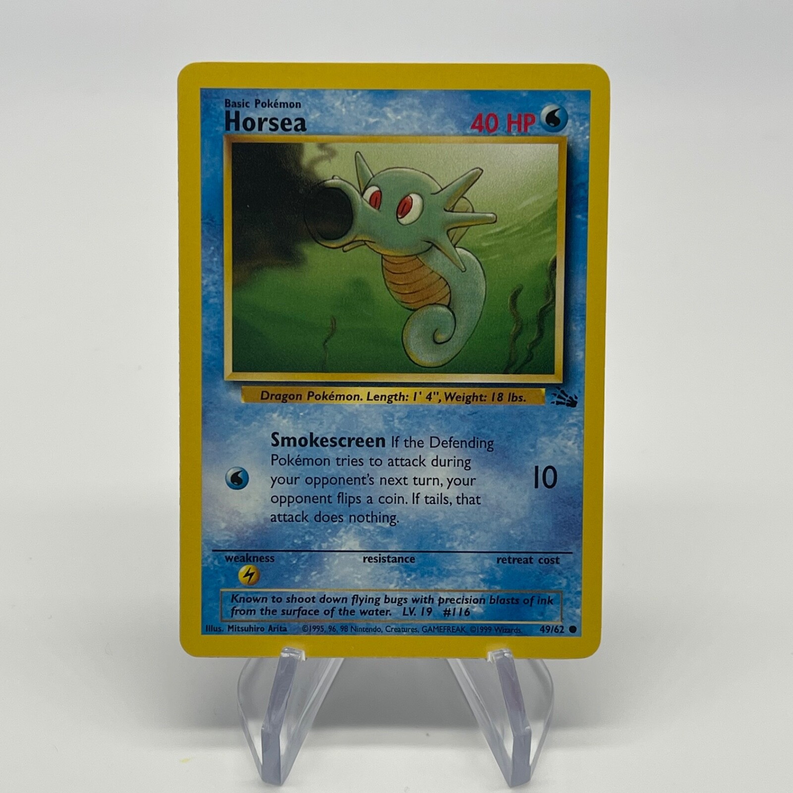 Horsea 49/62 - Vintage 1999 Fossil Set LP & NM Near Mint Authentic Pokemon Card