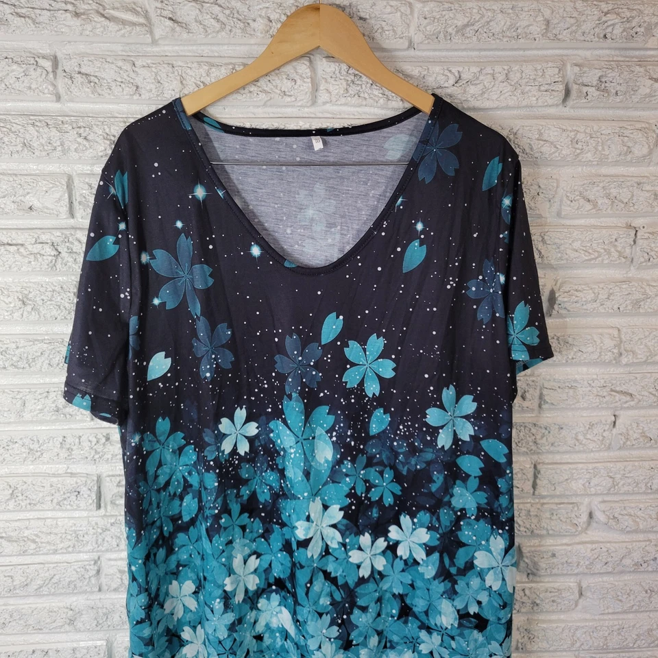 Womens Top 5XL Plus Tee Short Sleeve Blue Floral Cotton Blend Comfy Lightweight - Image 3 of 4