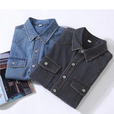 Herren Langärmelig Jeanshemd Taschen Knöpfe Freizeit Western Arbeit Bluse Top - Bild 1 von 4