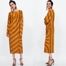 Zara Mustard Striped Gathered Ruffle Round Neck Long Sleeve Dress Sz S