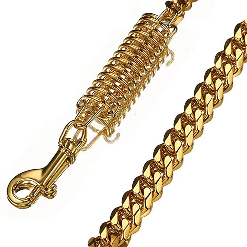 15mm Width Gold Tone Stainless Steel Cuban Link Chain Labor-saving Spring  Leash - Image 2 of 4