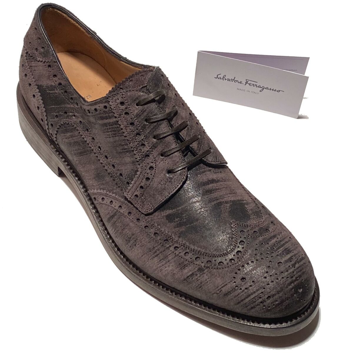 Ferragamo Brown Wingtip 8.5 E 41.5 Men's Tramezza Brushed Ferragamo Brown Wingtip 8.5 E 41.5 Men's Tramezza Brushed