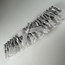 Wedding Garter Platinum Satin White Lace Bridal White Bow Hortense B Hewitt New