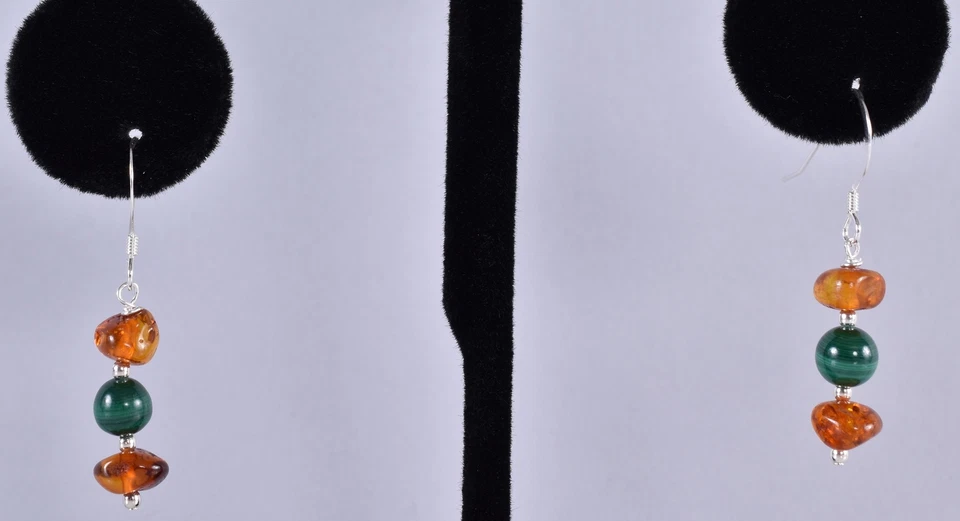 极佳珠宝套装 ~ 波罗的海琥珀和孔雀石 ~ 纯纯银 925 — 第 3/4 张图片