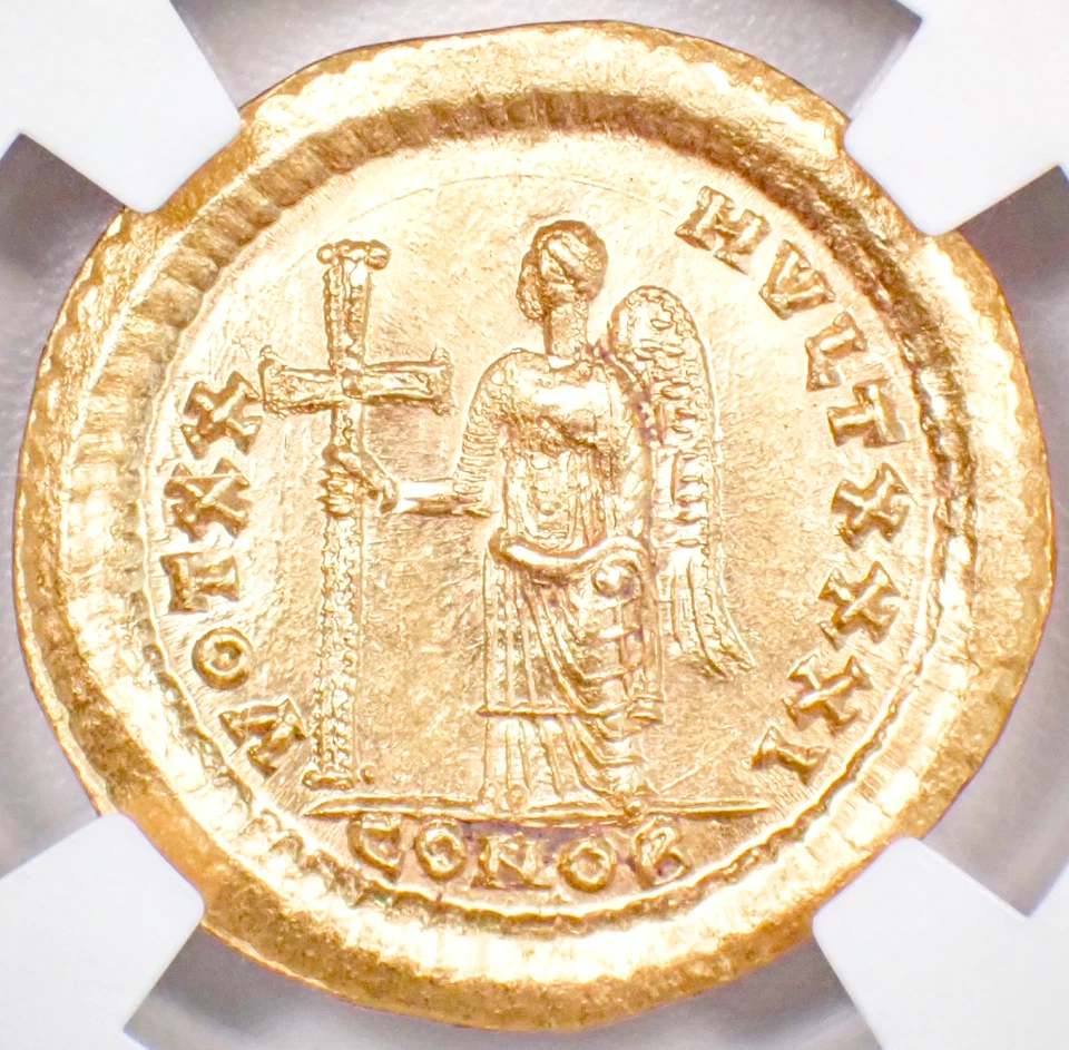 Moneda romana de oro sólido Teodosio II AV 402-450 DC - NGC MS (UNC) - superficie 5/5 Foto 4 de 4