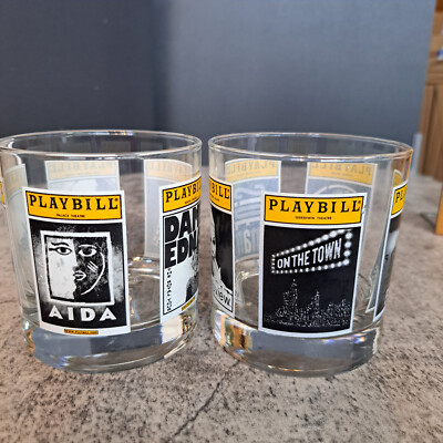 Set Of 2 Playbill Lowball Drink Glasses - Multiple Shows Featured-see photos