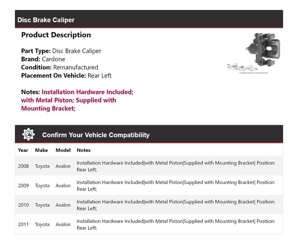 Pinza de freno de disco trasera izquierda cardone 2009 2010 para Toyota Avalon 2008-2011 Foto 2 de 4