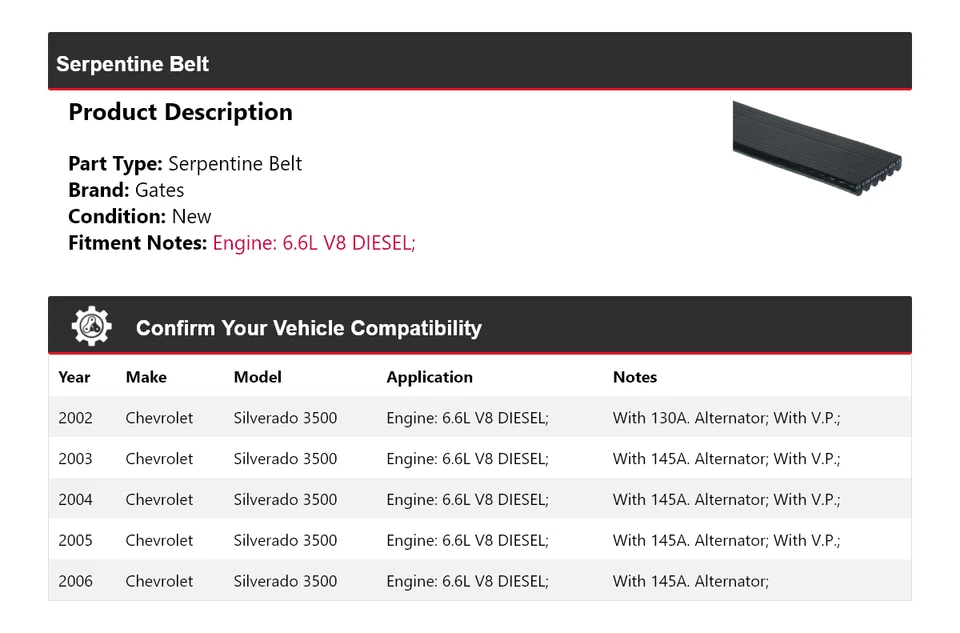 For 2002-2006 Chevrolet Silverado 3500 6.6L V8 DIESEL Serpentine Belt Gates 2003 - Image 2 of 4