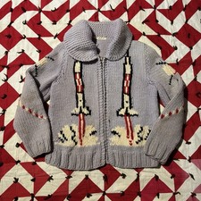 Vintage 1950s 60s Rocket Motif Cowichan Sweater Gray Youth As Is Outer Space