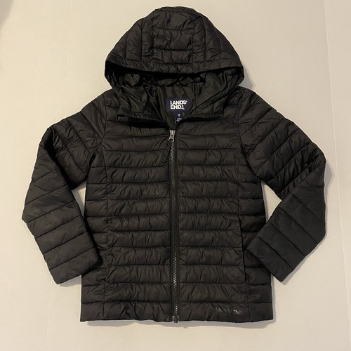 Lands End Youth Black Lightweight Primaloft Puffer Jacket with Hood SZ M (8)