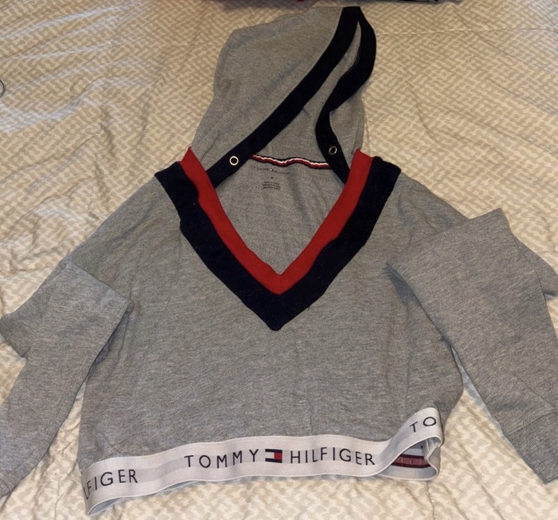 Tommy Hilfiger Cropped Hoodie M Gray Logo Waistband Red Navy Y2K