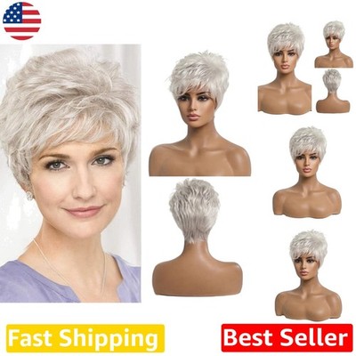 Pixie Cut Short Grey Wig Remy Human Hair Blend Heat Resistant Daily Wear