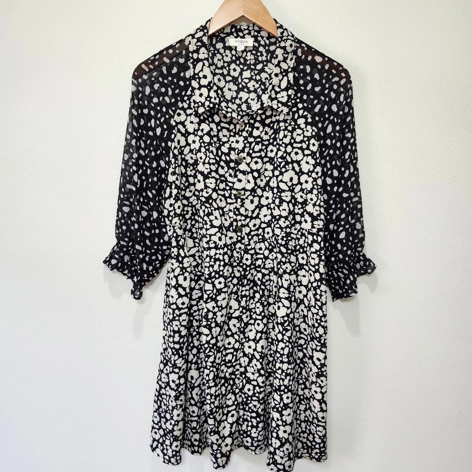 Vestido para mujer Umgee L negro blanco estampado floral manga transparente botón delantero en capas Foto 3 de 4