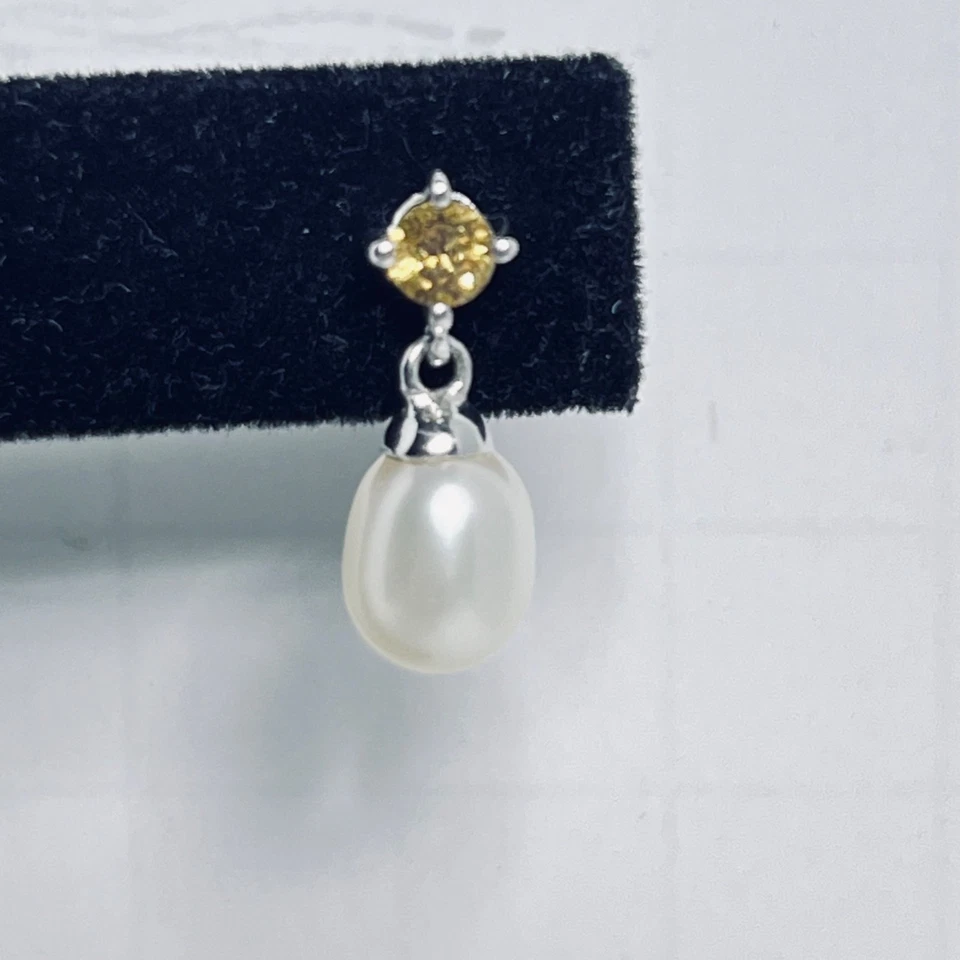 Pendientes Honora de plata de ley con perlas blancas de agua dulce y piedra citrina (5980) Foto 4 de 4