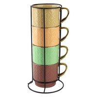 Keramik Tassen Set 340 Ml – 4 Bunte Kaffeetassen Mit MetallstäNder