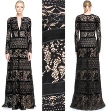 Tadashi Shoji Madonna Black Nude Lace Velvet Trim Long Sleeve V Neck Gown READ