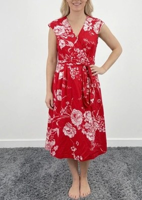 Monsoon Damen Blumen Wickel Midi Kleid 100% Baumwolle Rot Größe UK 12