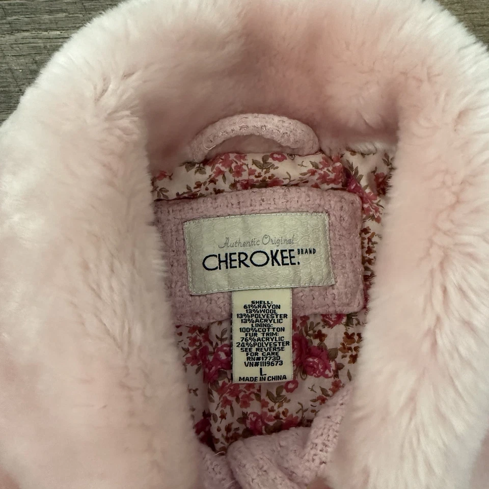 Abrigo de vestir de colección Cherokee rosa mezcla de lana imitación piel cuello floral niñas grande Foto 4 de 4