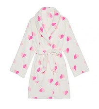 VICTORIA'S SECRET COZY SHORT PLUSH BATH ROBE WHITE PINK HEARTS NWT