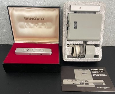 1969 Minox C Camera #2300701 + Unused Heliotron ME-1 Flash Box Papers
