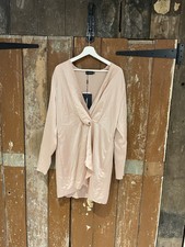 Prettylittlething Nude Satin Long Sleeve Wrap Dress UK 16 New With Tags