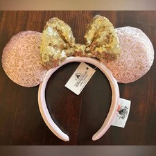 Disney- Parks Pink Gold Sequins Princess Minnie Mickey Mouse Ears Bow Headband