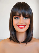 Perruque Synthétique Brun  châtain foncé  Carré Frange