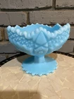 FENTON Blue Satin Custard Compote Pedestal Bowl HOBSTAR Pinwheel Vase 5" Vintage