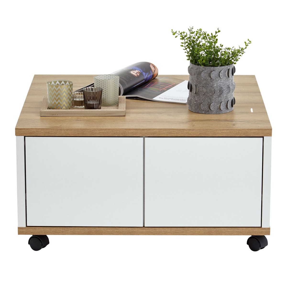Table basse design Volgan 70cm chêne et blanc meuble de salon rond scandinave