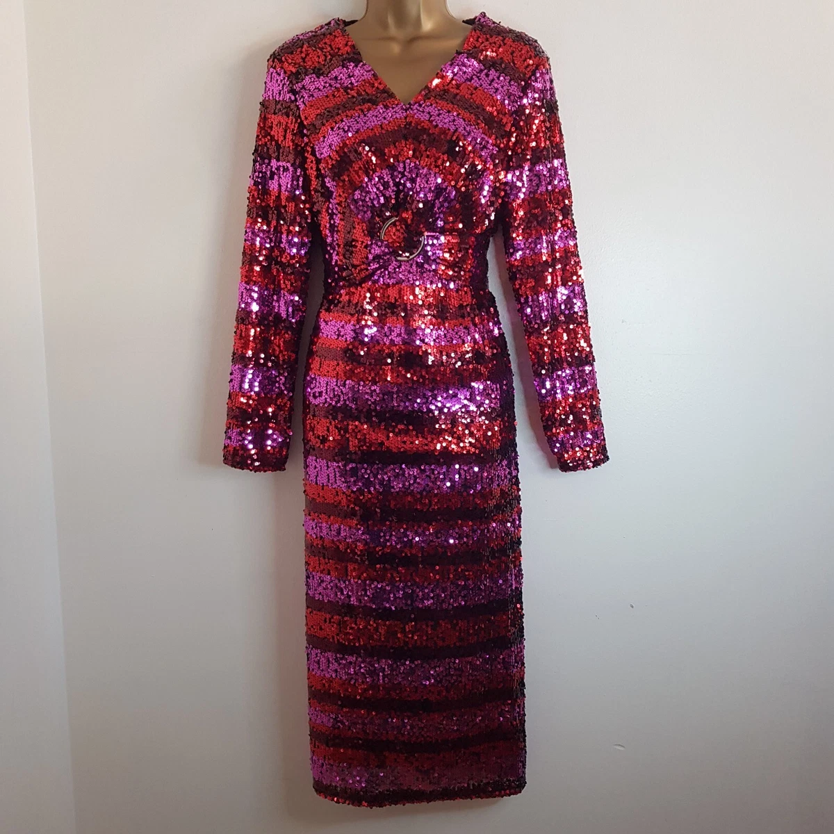 NEW WALLIS 10 18 Red Pink Sequin Knot Buckle Front Midi Dress