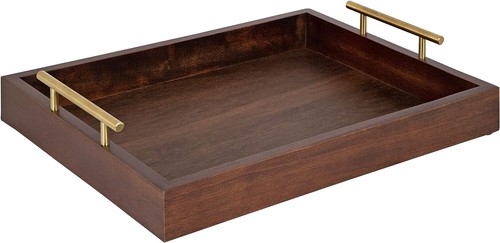 Midcentury Walnut Brown Tray with Gold Handles - Perfect for Serving & Display - Picture 3 of 8