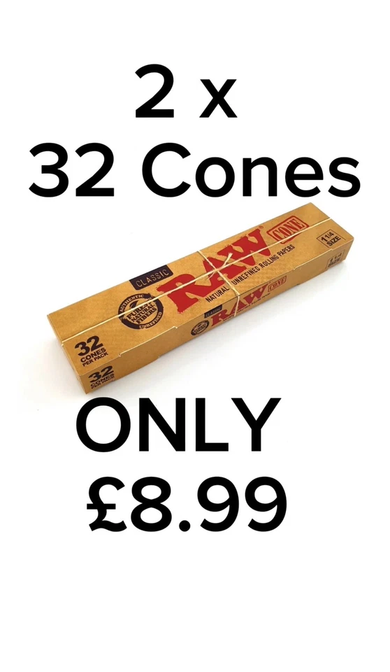RAW Pre Rolled Classic Cones King Size Mega Pack of 32 Unrefined Rolling Papers