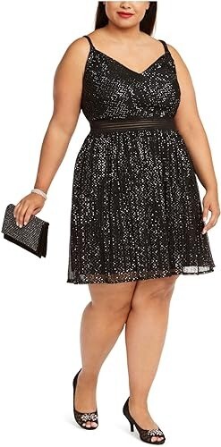 City Studios BLACK/SILVER Women's Plus Sequined Skater Cocktail Dress, US 22W