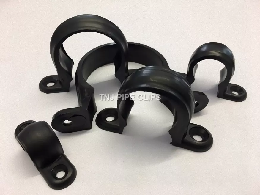 BLACK Plastic Pipe Saddle 12mm up to 90mm Snap on 2 Hole Fixing U Clip 10 Pack
